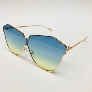 Shield Sunglasses ‎ GreenYellow Ombre Lens Gold Frame Fashion Sun Glasses Metal